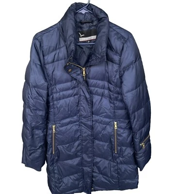 Chaqueta acolchada Hawke & Co para mujer azul medio largo cremallera completa acento dorado Foto 1 de 4