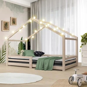 Oikiture Kids Bed Frame and Mattress Wooden Timber Toddler House Montessori Base - Picture 1 of 10