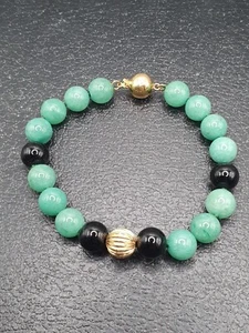 14KT 585 GOLD JADE & ONYX PERLEN ARMBAND 8 1/2" 26,4 g - Bild 1 von 7