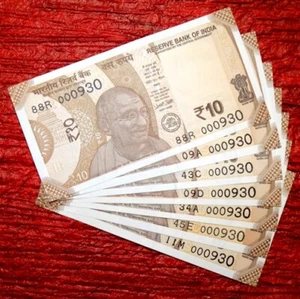 2017-18 - 10 RUPEE INDIA REPUBLIC SAME NUMBER 000930 - 7 UNC NOTES LOT - Picture 1 of 2