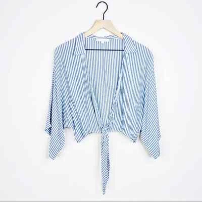 Olivaceous Blue White Striped Front Tie Oversized Blouse Wrap Cover-Up Medium - Image 1 of 4