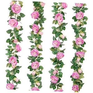 4Pcs(26 FT) Artificial Rose Vine Fake Flower Garland Fake Silk Purplish Red - Picture 1 of 8