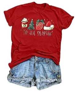  Christmas Shirt Women Tis The Season Christmas Tree T Shirt Latte Large Red - Picture 1 of 7