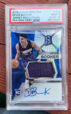 Camiseta deportiva Panini Spectra Devin Booker 2015 automática novato PSA 9/auto 10 como nueva RC RPA Foto 1 de 2