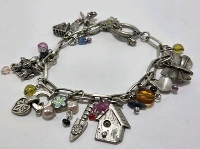 Silver Tone Charm Bracelet Gardening Cottage Butterfly Dragonfly Beaded 8.25"  - Image 1 of 4