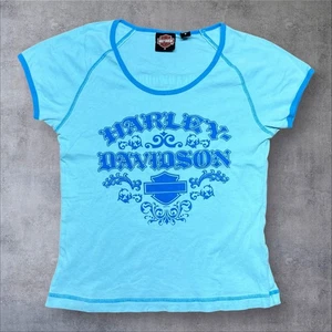 Vintage Y2K Harley Davidson Motorcycle Biker Light Blue Women’s Tee Medium - Picture 1 of 5