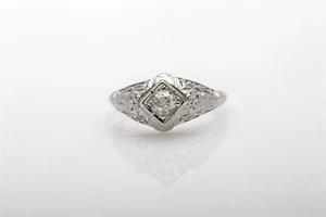 Antique 1920s DREAM .50ct Mine Cut Diamond ORANGE BLOSSOM 18k Gold Filigree Ring - Picture 1 of 4
