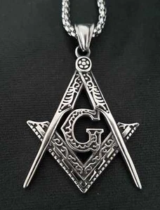 Freimaurer Kompass Pyramide Winkel Anhänger Edelstahl Halskette Silber KE11A - Bild 1 von 8