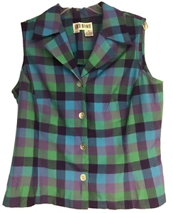 Coco Bianco Blouse 14 Black Green Plaid Button up Collar Sleeveless - Picture 1 of 8