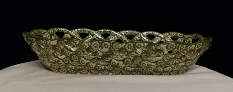 Temptations Old World Bread Basket Dish Green Floral Print Ceramic Woven PERFECT Cover