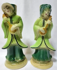 Vintage Asian Man And Woman Playing Instrument Figure Porcelain Lamp Bases - Picture 1 of 8