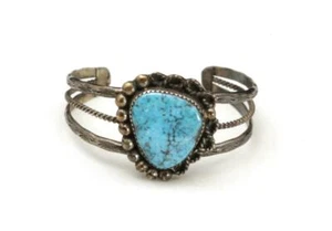 Vintage Bright Blue Turquoise Cuff Bracelet Sterling Silver Southwestern Navajo - Picture 1 of 5
