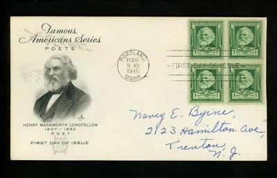 US FDC #864-868 Artcraft M-2 1940 IN MA ME NJ Famous Americans Poets Set of 5 - Image 1 of 4