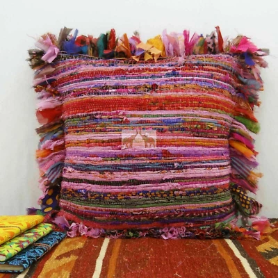 Alfombra de trapo hecha a mano tela reciclada funda de cojín vintage multicolor 17*17 Foto 1 de 4