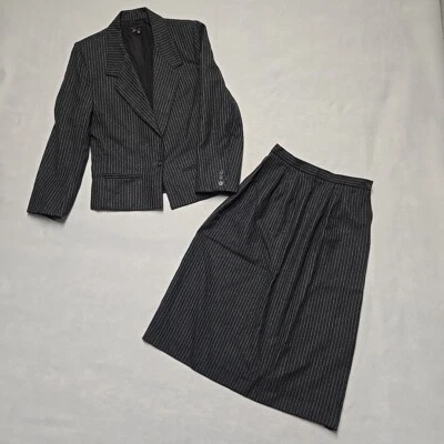 Falda Traje Chaqueta Vintage Rayas Negra Lana Virgen 6 Cierre a Presión Botón Abertura Foto 1 de 4