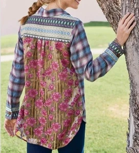 Soft Surroundings Women's Plaid Embroidered Velvet Back Shirt Tunic Top SZ L P - Picture 1 of 7