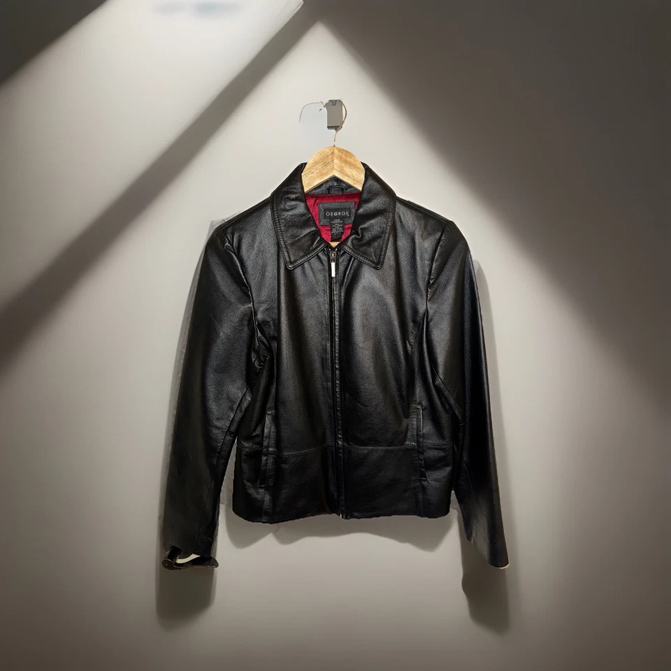 Классический George женщин черный натуральной кожи полный молнии красный с подкладкой куртка Sz.M 8/10  - Изображение 1 из 4