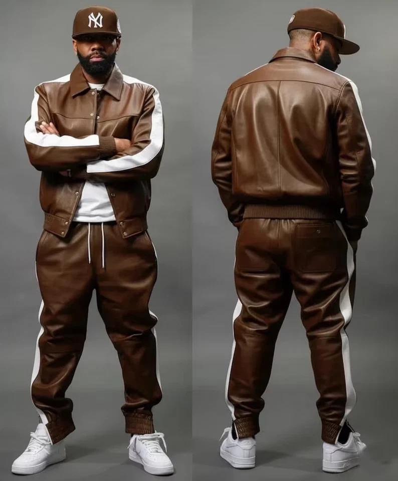 Conjunto completo de pantalones y chaqueta de chándal de cuero marrón hecho a mano para correr ropa de gimnasio para hombre Foto 1 de 4