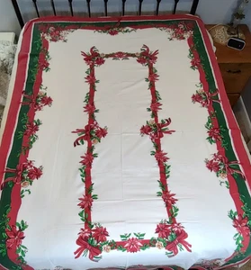 Vintage Christmas Holiday Tablecloth Rectangular 58" X 96" Pointsettia & Ribbon - Picture 1 of 9