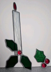 Vintage 10 Inch Stained Glass Christmas Candlesticks And Holly w/ Leaves Set  - Picture 1 of 12