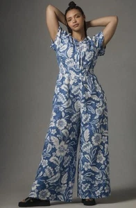 Anthropologie Somerset Jumpsuit Sz 3X Blue Floral 100% Linen Coastal Beach Light - Picture 1 of 10