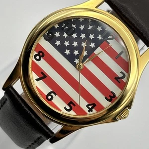 American Flag Maxim-All Watch Gold Tone Dial Brown Leather Band NEW BATTERY 7" - Picture 1 of 10