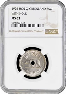 Greenland 25 ore 1926 HCN, NGC MS63, "King Christian X (1912 - 1947)" WITH HOLE - Picture 1 of 2