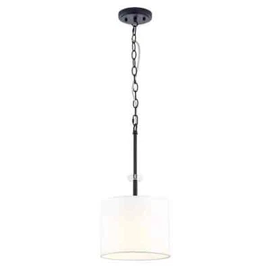 HDC Dawson 1-Light Matte Black Finish Shaded Pendant Light w/White Drum Fabric - Picture 1 of 7