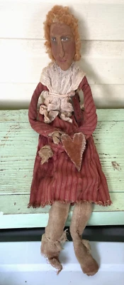 VTG Primitive country Farm Girl Hellen Rag doll Folk Art Rustic Americana OOAK - Image 1 of 4