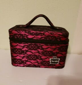 CABOODLES Small Makeup Train Case Black Lace Over Dk Pink NWOT Zip-Around 