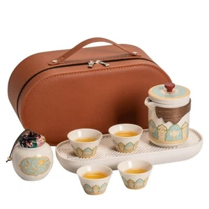 Portable Tea Set For Travel Bag Ceramic Tea Pot Cup Canister Tea Tray Towel Gift - Picture 1 of 11