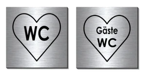 2 Stk.Gäste-WC+WC-Schild Herz-Alu-Edelstahl-Optik-10 x 10 cm-Türschild-selbstkl. - Bild 1 von 1