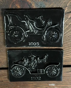 OLD EMBOSSED CERAMIC TILES of 1903 Oldsmobile Automobile & 1902 Autocar Runabout - Picture 1 of 24