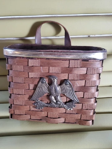 Vintage Woven Wicker Wall Basket BRASS PATRIOTIC AMERICAN EAGLE Decor Brass Trim Cover