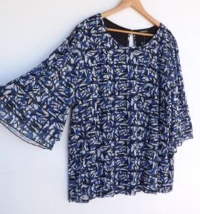 New Autograph Top XL Womens Mesh Blue Black White Layered Flared Sleeve Stretch - Picture 1 of 10
