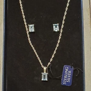 Blue Topaz Emerald Cut Sterling Silver Necklace & Earring Gift Set 925 - Picture 1 of 11