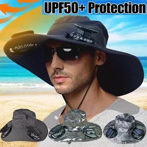 Outdoor Wide Brim Sun Hat With 2 Rechargeable Fans Solar Powered 3 Wind Speeds U - Picture 1 of 12