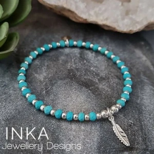 Inka Sterling Silver bead Stacking Bracelet with Turquoise with a Feather Charm - Picture 1 of 9