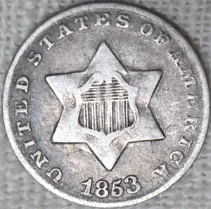 1853 Three 3 Cent Silver F+ or VF. Free Shipping. - Picture 1 of 5