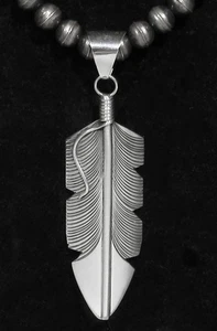 X LARGE Signed Chris Charley Navajo 925 Silver Hand Tooled Eagle Feather Pendant - Picture 1 of 7
