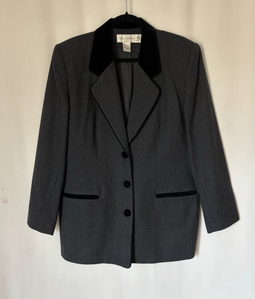 Chaqueta Blazer Esquina Informal De Colección 12 Lana Gris Terciopelo Acentos Elegante Años 80 90 Foto 1 de 4
