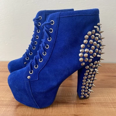 Jeffrey Campbell Blue Suede Lita Boots Silver Spikes Studded Heels Size 8M - Image 1 of 4