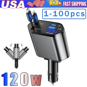 Retractable Car Charger 4in1 Fast Car Phone 16 Charger 120W USB Type C Cable Lot - Picture 1 of 19