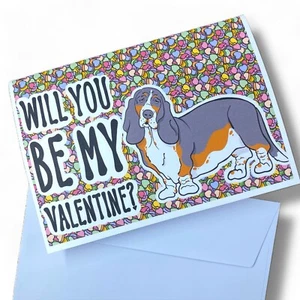 Tricolor Basset Hound Hund Valentinstag Karte Handarbeit Urlaub Grußkarte Geschenk - Bild 1 von 5