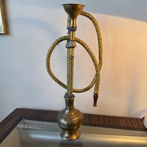 Vintage Indian Brass Hookah Blue & Gold With Wooden Mouth Piece 16.5” Tall - Picture 1 of 15