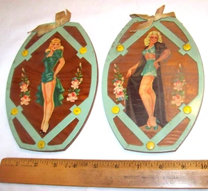 PAR c1950 MOD RETRO RIESGO PINUP CHICA MEDIADOS DE SIGLO ARTE DECORACIÓN DE PARED PIÑA - Imagen 1 de 5