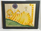 Peinture aquarelle originale signée « chat jaune rayé heureux »
