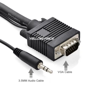 2m/3m/10m VGA Cable with Audio 3.5mm AUX Jack Wire Cord Stereo Sound SVGA UXGA - Picture 1 of 11