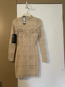 Bebe Dress Mixed Stretch Lace Midi   Mock Neck Sandshell  NWT S - Picture 1 of 13