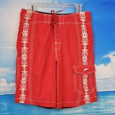 SPEEDO Mens RED Swim Trunk Bathing Suit WHITE Embroidery Accents Pocket size 32